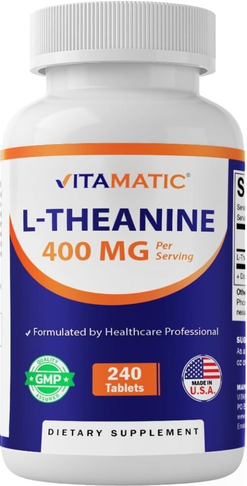 Vitamatic L-Theanine Supplement 400mg per Serving – 240 Tablets – Non-GMO, Gluten Free
