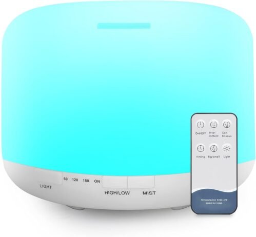 500ml Essential Oil Diffuser with Remote Control, BPA-Free Ultrasonic Humidifier with 7 Color Light,Auto Off Aromatherapy Diffuser