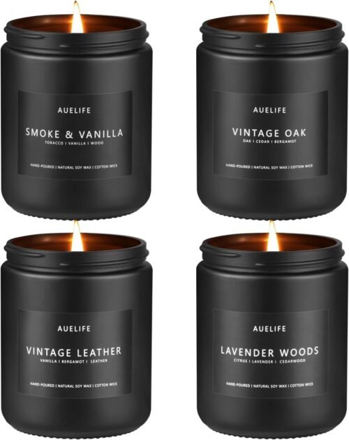 Scented Candles Set | Men Candle Set, Scented Candles for Home, Gifts for Men Aromatherapy Gift Set – 4 Pack Manly Gifts for Dad Fathers Day, Soy Candle of Leather/Smoke & Vanilla/Oak/Lavender