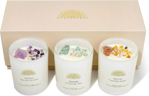 Soy Candles with Healing Crystals.Amethyst,Amazonite,Sunstone Crystal. Lavender & Jasmine, Costal Breeze, Jungle Attachment. Positivity Energy Gift for Women, 3PC Candle Set 3.5 oz Each