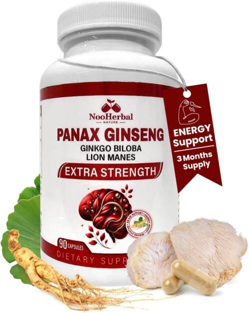 Panax Ginseng 500mg + Ginkgo Biloba + Lions Mane, 90 Vegan Capsules | Extra Strength Ginsenosides for Energy, Mental Focus, Immune Support | Brain Supplement | Non-GMO & Gluten Free Herbal Supplement