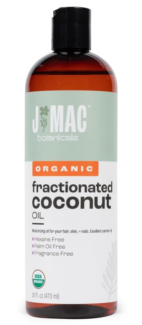 J MAC BOTANICALS, Organic Fractionated Coconut Oil (16 Oz.) Carrier oil for diluting essential oils, leave in conditioner for dry damaged hair, skin, massage