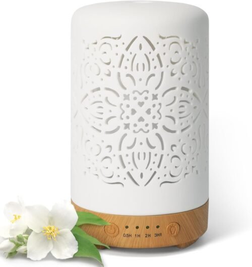 Earnest Living Essential Oil Diffuser White Ceramic Diffuser 100 ml Timers Night Lights and Auto Off Function Home Office Humidifier Aromatherapy Diffusers for Essential Oils