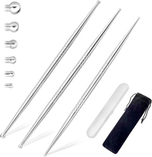 ideayard Facial Reflexology Massage Tool 3 Pieces/6 Szie Headed Stainless Steel Acupuncture Pen Ear Acupressure and Body Point Probe Pen for Deep Tissue