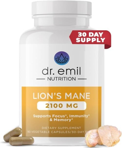 DR. EMIL NUTRITION 2100mg Organic Lions Mane Supplement Capsules – Focus, Mental Clarity & Cognition – Nootropic Lion’s Mane Mushroom Supplement with Organic Lions Mane