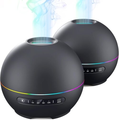 2 Pack Essential Oil Diffusers for Home – 200ml Aromatherapy Diffuser with 4 Timers & 7 Colors Night Lights, 20dB Quiet Working for 10 Hours, Auto Shut-Off