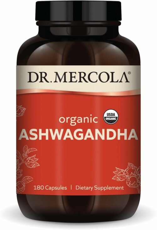 Dr. Mercola Organic Ashwagandha – Supports Energy Production & Adrenal Health – 800 mg Per Serving – Non-GMO, Gluten-Free & Soy-Free – Certified USDA Organic – 180 Capsules (90 Servings)