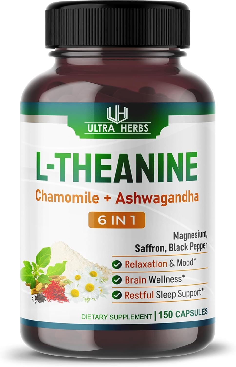 L-Theanine Supplement - 6 IN 1 Complex Enriched with Magnesium, Ashwagandha, Saffron, Chamomile - Support Relaxation, Calmness & Sleep Quality | 150 Capsules