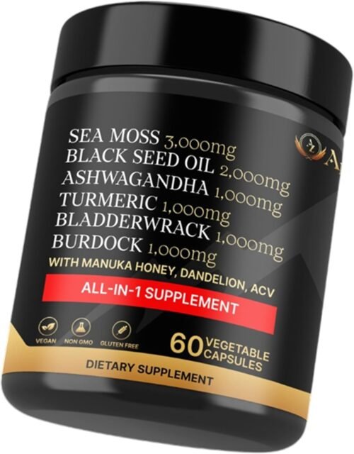 Sea Moss Blend. Black Seed Oil, Ashwagandha, Tumeric, Burdock with Manuka Honey, Dandelion, ACV. Sea Moss All-in-One Supplement.