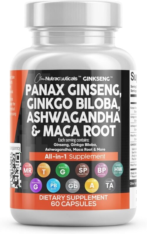 Clean Nutraceuticals Panax Ginseng Ginkgo Biloba Ashwagandha Maca Root – Focus Supplement Pills for Women and Men with Pine Bark Extract, Garlic, and Saw Palmetto – 60 Caps