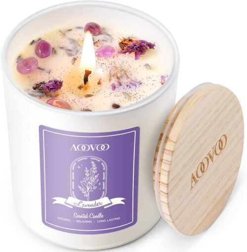 AOOVOO Lavender Scented Candles for Women – Aromatherapy Candle with Crystals Inside, 10oz Soy Candles for Home Scented, Birthday Gifts Mothers Day Candle for Women Mom