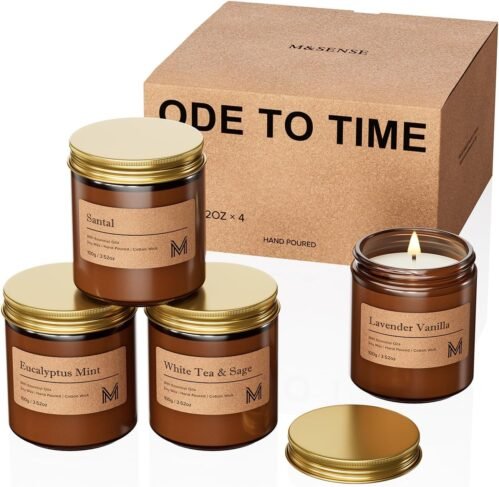 M&SENSE 4 Pack Candles Set for Home Scented Aromatherapy Candle Gift Set for Women Soy Wax Long Lasting Amber Jar Candles Gift for Birthday Housewarming Mother’s Valentine Day