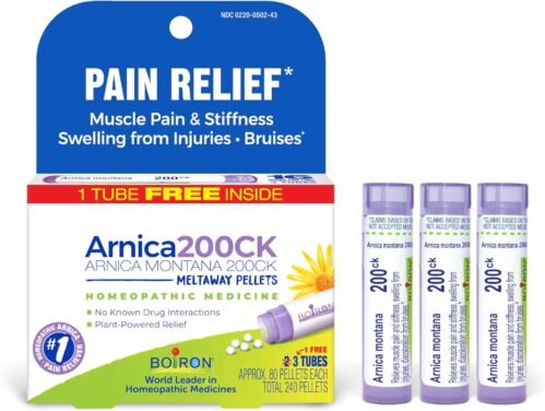 Boiron Arnica Montana 200CK Homeopathic Medicine for Pain Relief, Muscle Pain & Stiffness, Swelling from Injuries, & Bruises – 3 Count (240 Pellets)