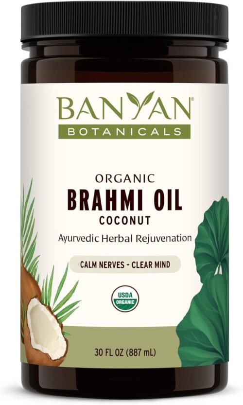Banyan Botanicals Brahmi Oil in Coconut Base – Organic Ayurvedic Massage Oil with Gotu Kola and Bacopa ­­– Calming Massage Oil for Focus & Relaxation – 30 oz – Non GMO Sustainably Sourced Abhyanga Oil