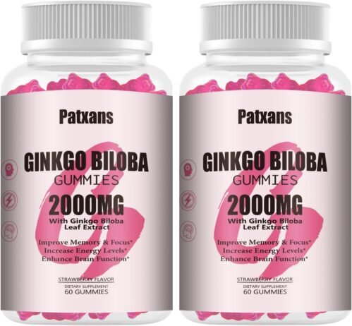 2 Packs 2000mg Ginkgo Biloba Gummies – Ginkgo Biloba Supplements for Brain Health Support, Improve Mood and Focus, Energy, Adult, Vegen, Non-GMO, Strawberry Flavor, 120 Count