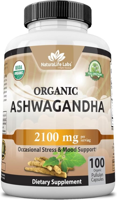 Organic Ashwagandha 2,100 mg – 100 Veggie Capsules Pure Organic Ashwagandha Powder and Root Extract – Stress Relief, Mood Enhancer