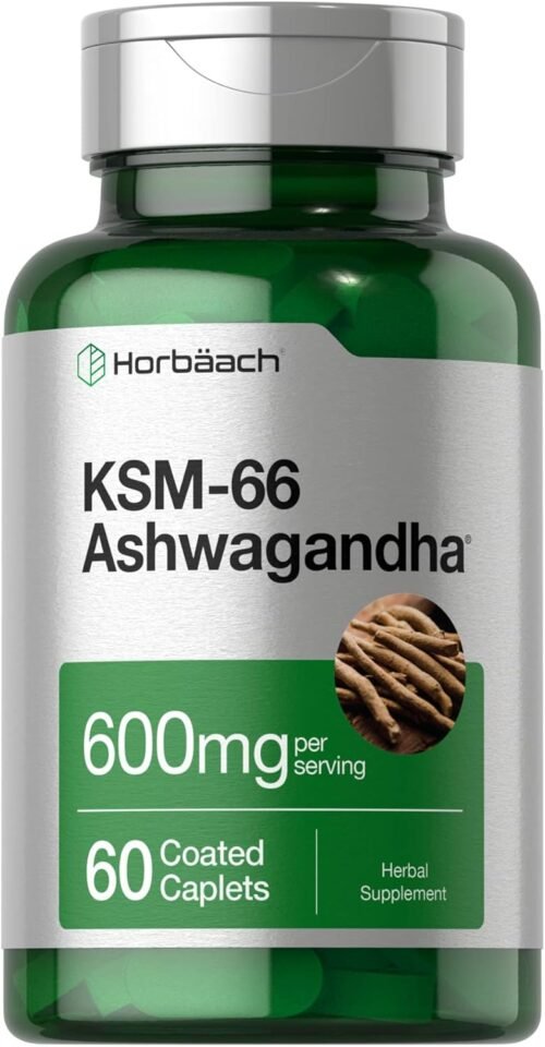 Horbaach KSM-66 Ashwagandha 600mg | with L-Theanine | 60 Coated Caplets | Vegan, Non-GMO, Gluten Free Complex Supplement