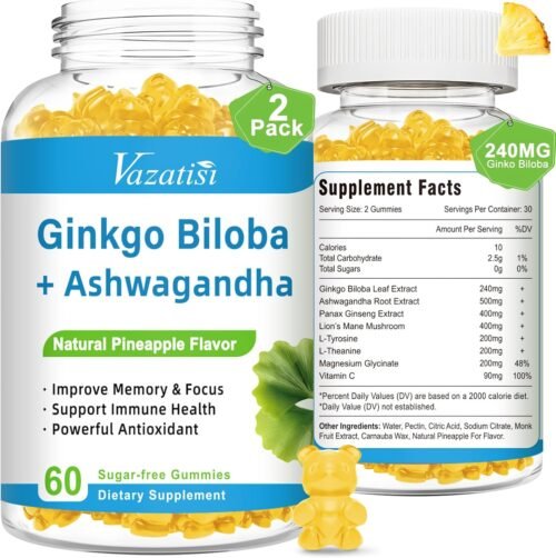 240MG Ginkgo Biloba Gummies | 120 Gummies | Improve Mood and Focus, Brain Health| Pineapple Flavor | Vegan, Non-GMO, Gluten Free Supplement