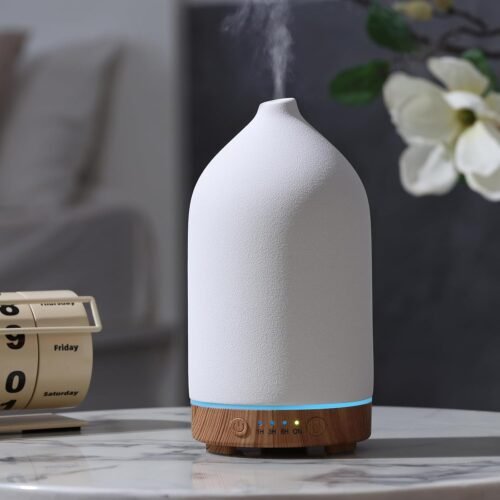 200ML Ceramic Essential Oil Diffuser – Ultrasonic Aromatherapy & Humidifier with 7-Color LED Lights, Auto Shut-Off, Wood Grain Base, 1H/3H/6H Timer | Scent for Home, Office, Yoga