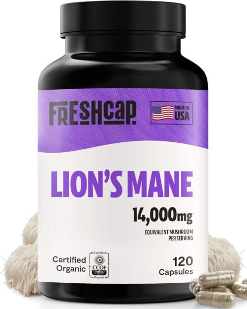 FreshCap Lions Mane Supplement Capsules 14,000mg – Lion’s Mane, High Potency Extract, 14:1 Organic Mushroom Supplement, Ayurveda Focus Made in USA (120 Capsules)