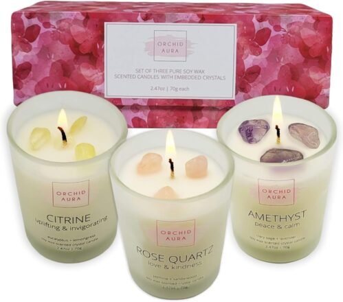 Soy Candles with Healing Crystals. Citrine, Rose Quartz, Amethyst Crystal. Eucalyptus + Lemongrass, Jasmine + Sandalwood, Clary Sage + Lavender. 3PC Scented Candle Set, 2.47oz Each