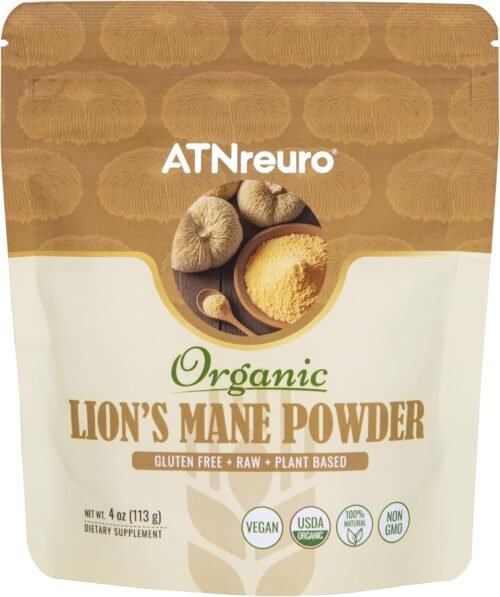 Organic Lion’s Mane Mushroom Powder, 4oz 100% Pure & Natural,Brain Health Support for Memory, Focus & Nerve Regeneration,Premium Quality, Non-GMO,Gluten-Free,Vegan, Nootropic Brain Supplement
