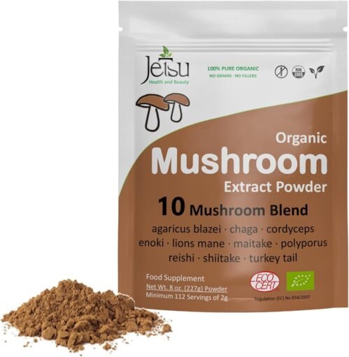 Mushroom Extract Powder – Powerful 10 Blend, Organic Lions Mane, Cordyceps, Reishi, Shiitake, Turkey Tail Mushrooms Nootropic Brain Supplement for Energy, Calm, Focus & Immune System Booster
