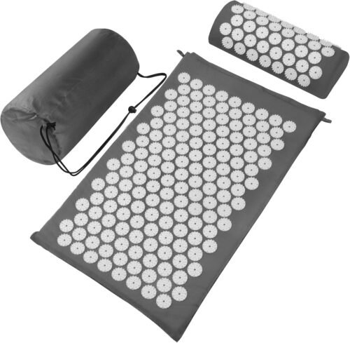 Acupressure Mat Set, Acupuncture Point Massage Pillow, Relieving Neck and Back Pain, Muscle Relaxation and Stress Reduction, Sciatica Relief, Suitable for Men and Women, Carry a Handbag, Gray White