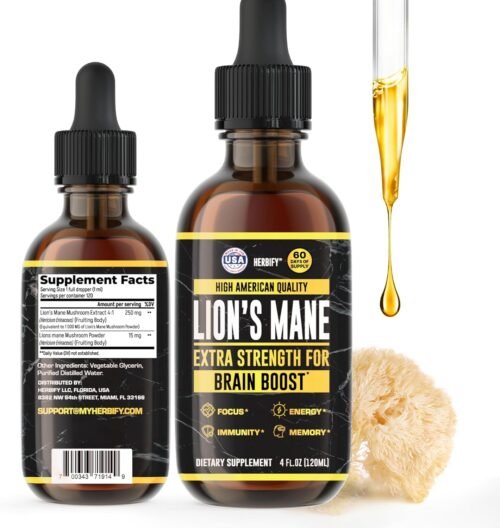 HERBIFY Lions Mane Supplement – Daily Mushroom Supplement for Memory, Focus & Clarity – Brain Booster – Lions Mane Tincture for Immune Support – 4 Fl oz