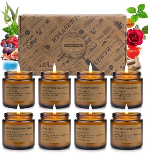 8 Pack Candles for Home Scented, Aromatherapy Jar Candle Gifts for Women, Natural Soy Wax Amber Candle Set, Scented Candles Set for Birthday Valentine Mother’s Christmas Day Present