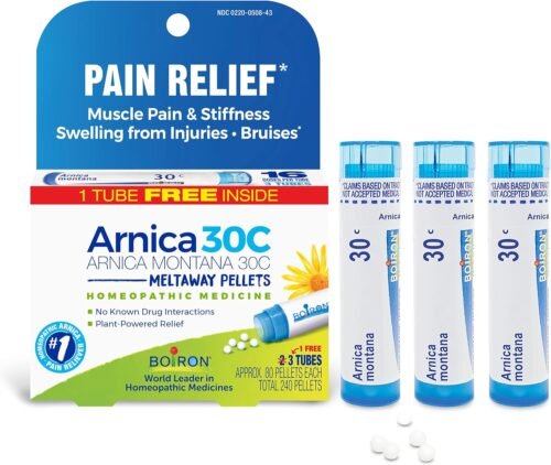 Boiron Arnica Montana 30C Homeopathic Medicine for Relief from Muscle Pain, Muscle Stiffness, Swelling from Injury, and Discoloration from Bruises – 3 Count (240 Pellets)