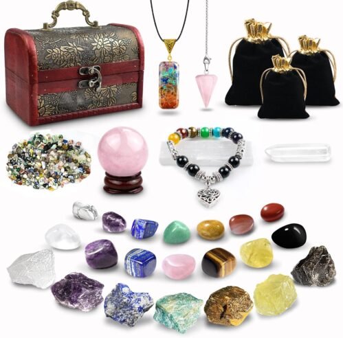 Healing Crystals Set, 28 Pcs Crystals and Healing Stones 7 Chakra Stones Kit for Beginners Raw Protection Reiki Spiritual Energy Meditation Natural Gem with Wooden Box, Crystals Gifts for Women