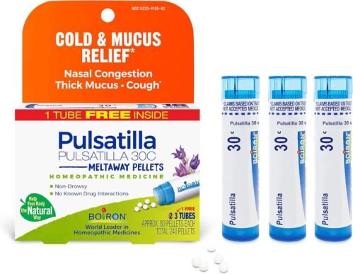 Boiron Pulsatilla 30C Homeopathic Medicine for Relief from Cold, Nasal Congestion, Thick Mucus, and Cough – 3 Count (240 Pellets)