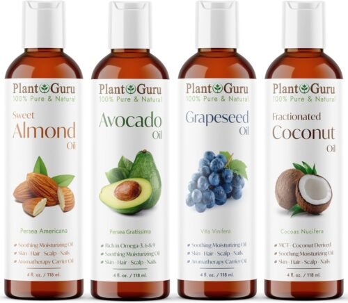 Carrier Oil Variety Set 4 oz. Cold Pressed 100% Pure Natural Sweet Almond, Avocado, Coconut Fractionated, Grapeseed. for Aromatherapy Essential Oils, Skin & Hair Growth, Moisturizer, Body Massage.