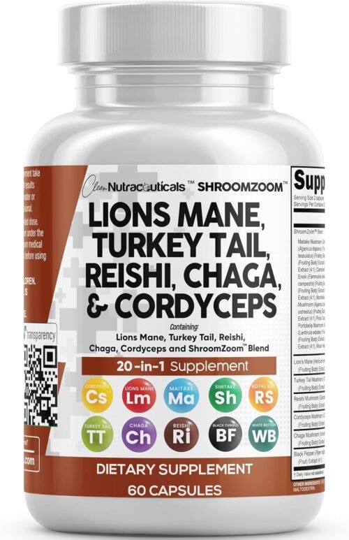 Clean Nutraceuticals Lions Mane 20in1 Mushroom Supplement with Turkey Tail Reishi Cordyceps Chaga Maitake Meshima Poria Cocos Shiitake Oyster Porcini Enoki – Pack