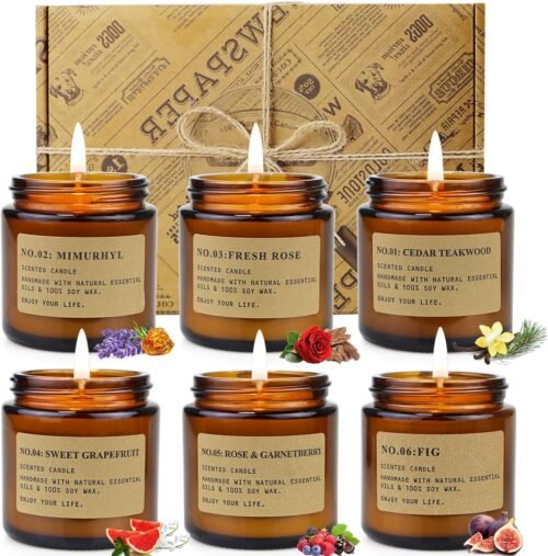 Candles for Home Scented,6Pack Soy Wax Candle Sets,Aromatherapy Candle Gift Set for Women,150 Hours Long Burn Time, Amber Jar Candle Candles Gift for Birthday