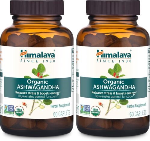 Himalaya Organic Ashwagandha, 120 Day Supply, Herbal Supplement for Stress Relief, Energy, Occasional Sleeplessness, Excipient Free, Organic, Non-GMO, Vegan, Gluten Free, 670 mg, 60 Caplets, 2 Pack