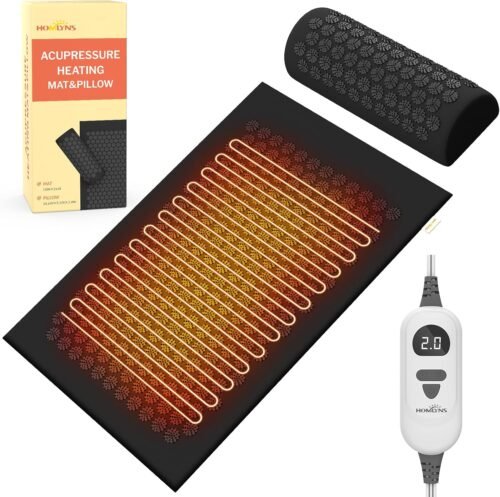 HOMLYNS Heated Acupuncture Mat – 6 Heat Levels with 2 Hours Auto Off and 4 Adjustable Time Settings, Heating Acupressure Mat Full Body Massage, Relieve Stress and Improve Sleep, Black