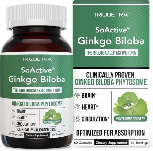 SoActive Ginkgo Biloba | Clinically Proven Ginko Biloba Phytosome – 300% Better Absorption – 180 mg Dose – Brain, Heart, Mood & Memory Support Supplement – Optimized for Active Nutrients (60 capsule)