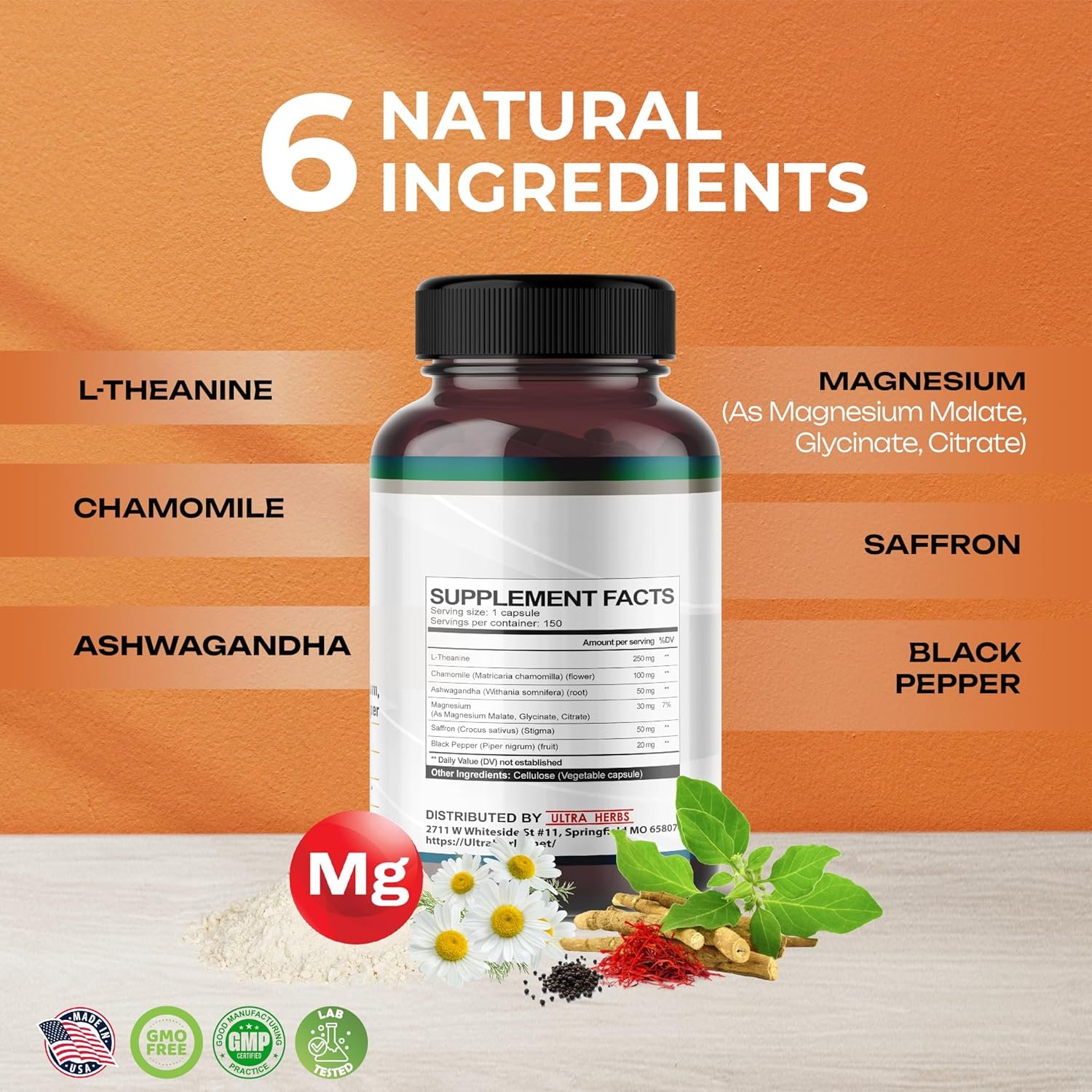 L-Theanine Supplement - 6 IN 1 Complex Enriched with Magnesium, Ashwagandha, Saffron, Chamomile - Support Relaxation, Calmness & Sleep Quality | 150 Capsules - Image 3